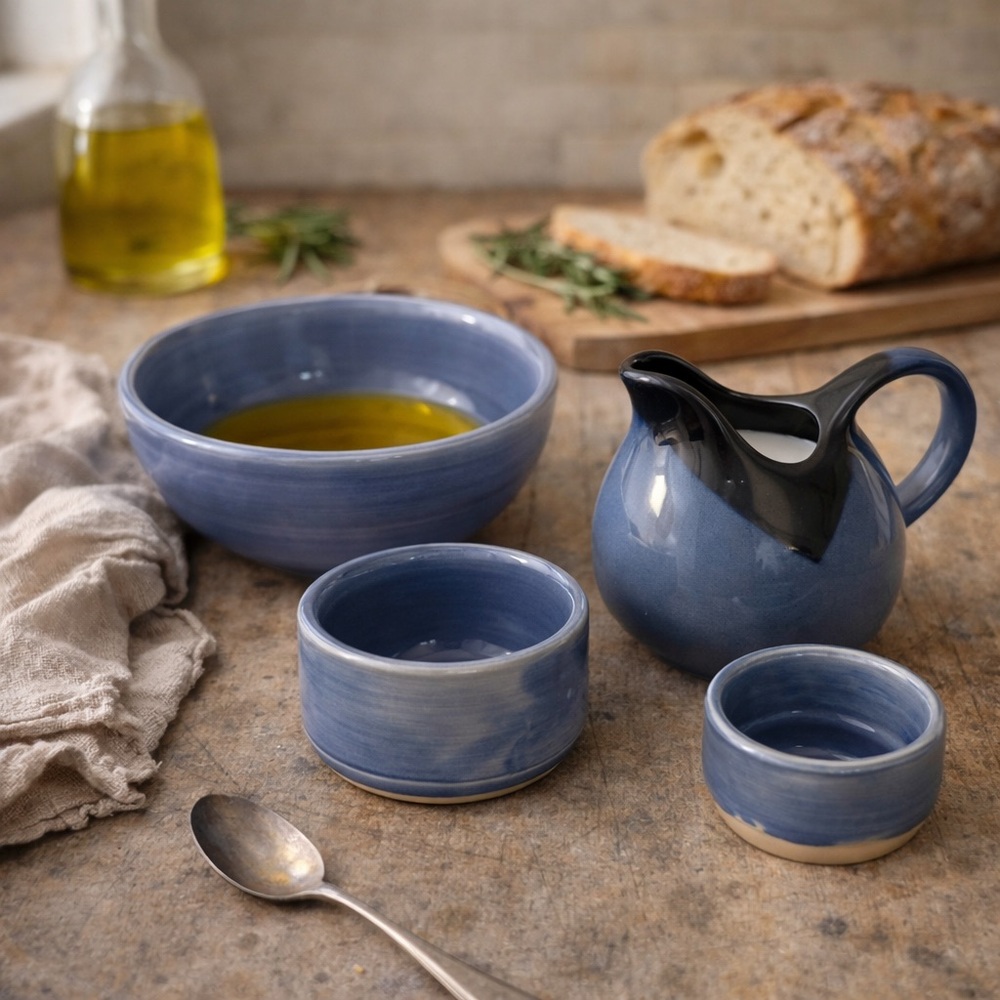 Blue Glazed Ceramic Pitcher Bowl Set 4 Pieces Small Creamer Cup - Picture 2 of 16